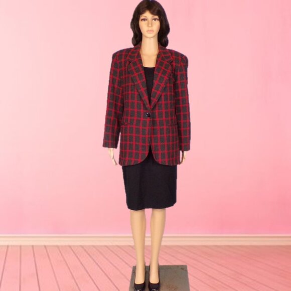 CROSS COUNTRY FASHIONS size 12P black/red plaid blazer acrylic/wool/polyester - Picture 2 of 14